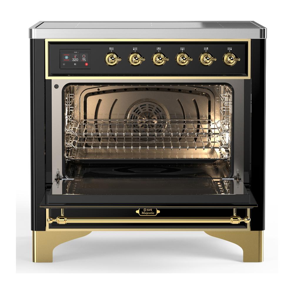 Ilve UMIB36QNR3BKG Ilve Umib36Qnr3Bkg Majestic Iii 36 Inch Induction Range With 6 Elements, 3.5 Cu. Ft. Total Oven Capacity (Solid Door, Glossy Black, Brass)