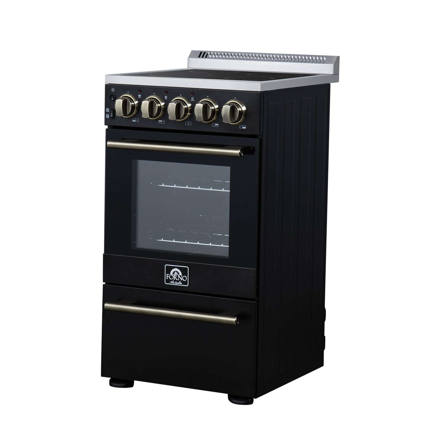 Forno FFSEL605220BLK Forno Pallerano 20 Inch Freestanding Electric Range In Black With Antique Brass, Compact Design