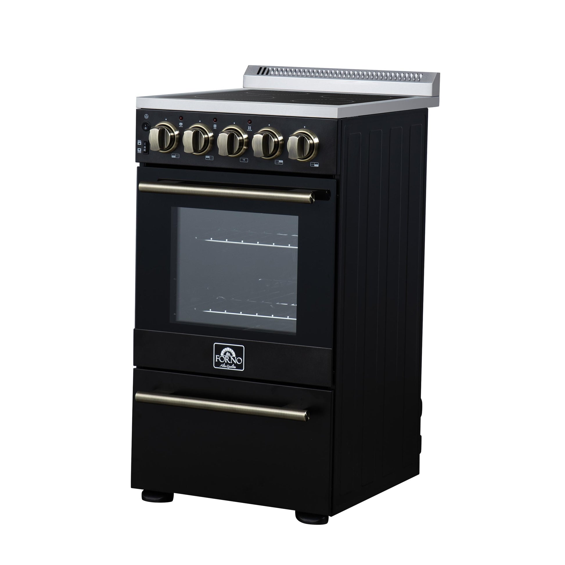 Forno FFSEL605220BLK Forno Pallerano 20 Inch Freestanding Electric Range In Black With Antique Brass, Compact Design