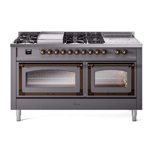 Ilve UN60FSNMPMGBLP Ilve Un60Fsnmpmgblp Nostalgie Ii Noblesse 60" Dual Fuel Range (7 Sealed Burners + Griddle + French Top, Liquid Propane, Triple Glass Door, Graphite Matte, Burnished)