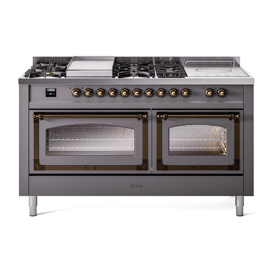 Ilve UN60FSNMPMGBLP Ilve Un60Fsnmpmgblp Nostalgie Ii Noblesse 60" Dual Fuel Range (7 Sealed Burners + Griddle + French Top, Liquid Propane, Triple Glass Door, Graphite Matte, Burnished)