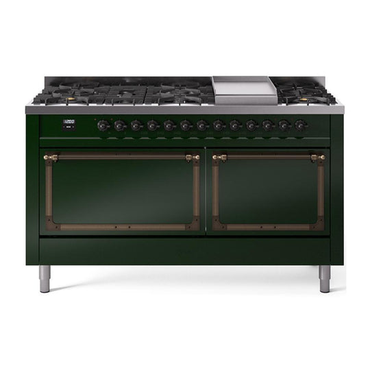 Ilve UN60FQNMPEGB Ilve Un60Fqnmpegb Nostalgie Ii Noblesse 60" Dual Fuel Range (9 Sealed Burners + Griddle, Natural Gas, Solid Door, Emerald Green, Burnished)