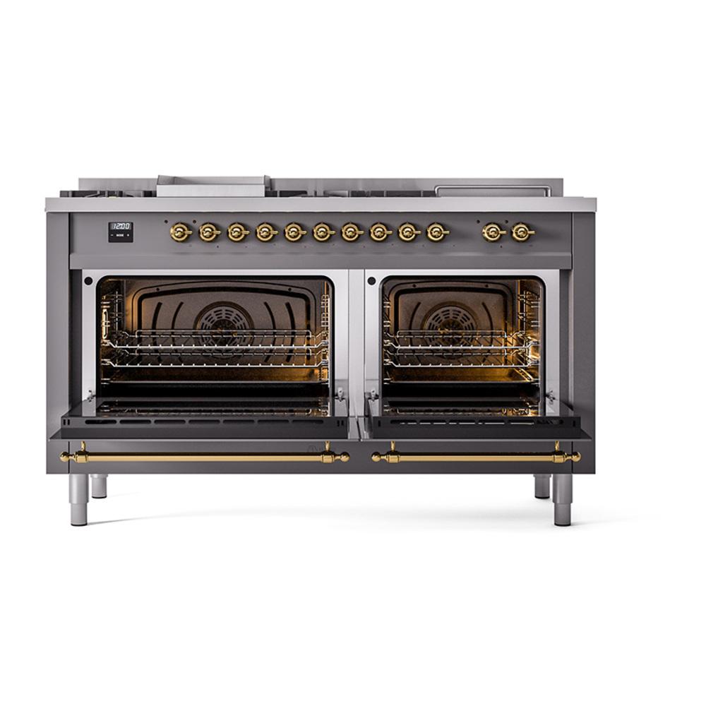 Ilve UN60FSNMPMGGLP Ilve Un60Fsnmpmgglp Nostalgie Ii Noblesse 60" Dual Fuel Range (7 Sealed Burners + Griddle + French Top, Liquid Propane, Triple Glass Door, Graphite Matte, Brass)