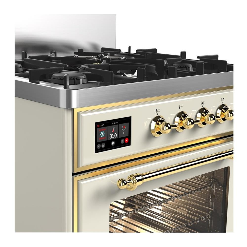 Ilve UM30NR3AWGLP Ilve Um30Nr3Awglp Majestic Iii 30 Inch Dual Fuel Range With 5 Black Brass Burners, Dual Function Burner Up To 25,000 Btu (Liquid Propane, Triple Glass Door, Antique White, Brass)