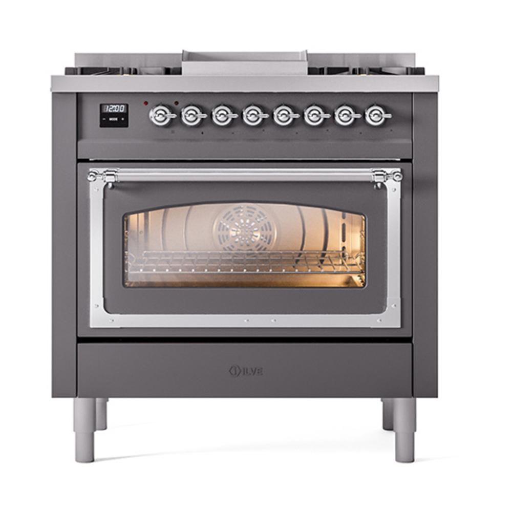 Ilve UN36FNMPMGC Ilve Un36Fnmpmgc Nostalgie Ii Noblesse 36" Dual Fuel Range (Natural Gas, Triple Glass Door, Graphite Matte, Chrome)
