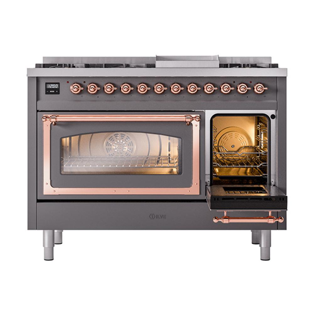 Ilve UN48FNMPMGP Ilve Un48Fnmpmgp Nostalgie Ii Noblesse 48" Dual Fuel Range (8 Sealed Burners + Griddle, Natural Gas, Triple Glass Door, Graphite Matte, Copper)