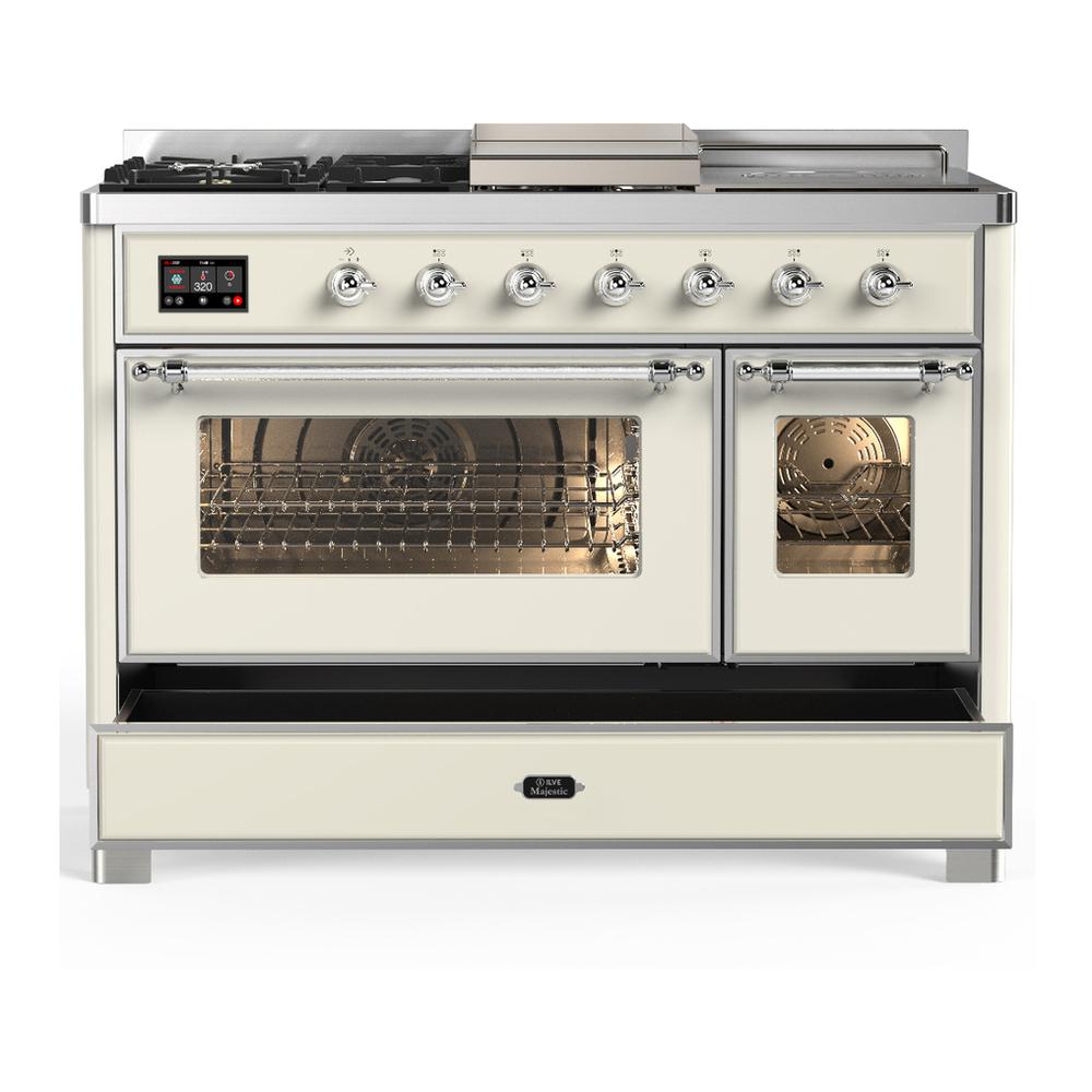 Ilve UM48FSNR3AWCLP Ilve Um48Fsnr3Awclp Majestic Iii 48 Inch Dual Fuel Range With 5 Black Brass Burners, Griddle And French Top, Dual Function Burner Up To 25,000 Btu (Liquid Propane, Triple Glass Door, Antique White, Chrome)