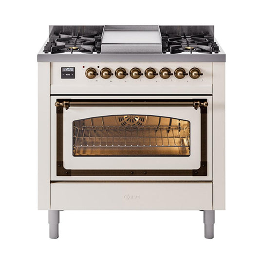 Ilve UN36FNMPAWB Ilve Un36Fnmpawb Nostalgie Ii Noblesse 36" Dual Fuel Range (Natural Gas, Triple Glass Door, Antique White, Burnished)