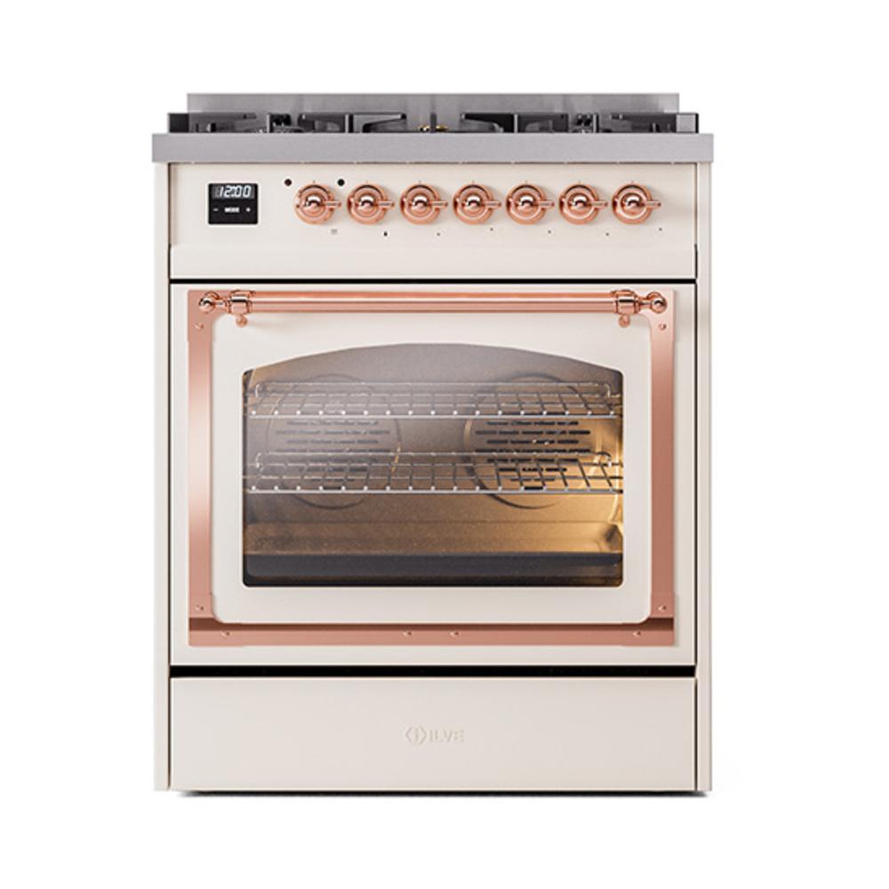 Ilve UN30NMPAWPLP Ilve Un30Nmpawplp Nostalgie Ii Noblesse 30" Dual Fuel Range (Liquid Propane, Triple Glass Door, Antique White, Copper)