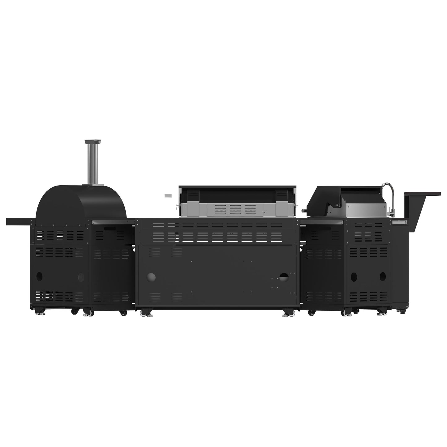 Forno FODKT2568BLK Forno All Aperto 99,600 Btu Outdoor Kitchen, 5 Burners, Infrared Burners, Side Burner, Black Sintered Stone Countertops, Gas Pizza Oven, Sink Module, Bar & Beverage Center