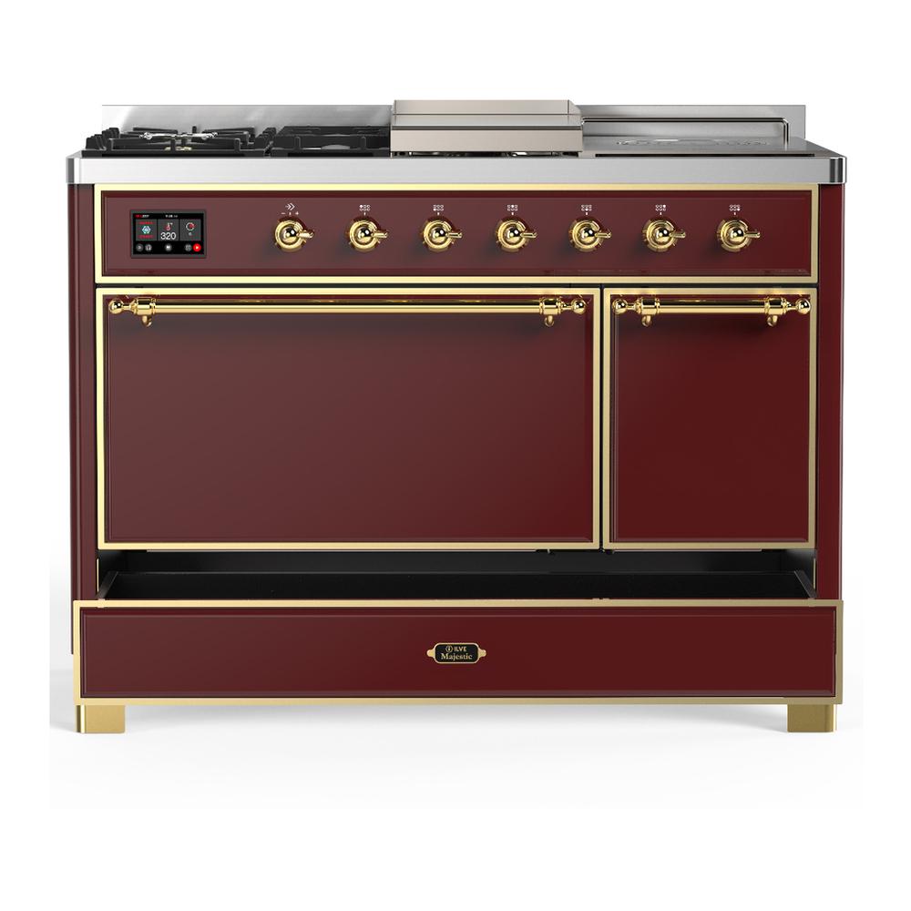 Ilve UM48FSQNR3BUGLP Ilve Um48Fsqnr3Buglp Majestic Iii 48 Inch Dual Fuel Range With 5 Black Brass Burners, Griddle And French Top, Dual Function Burner Up To 25,000 Btu (Liquid Propane, Solid Door, Burgundy, Brass)