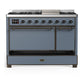 Ilve UM48FQNR3BGBLP Ilve Um48Fqnr3Bgblp Majestic Iii 48 Inch Dual Fuel Range With 8 Burners And Griddle, Dual Function Burner Up To 25,000 Btu (Liquid Propane, Solid Door, Blue Grey, Burnished)