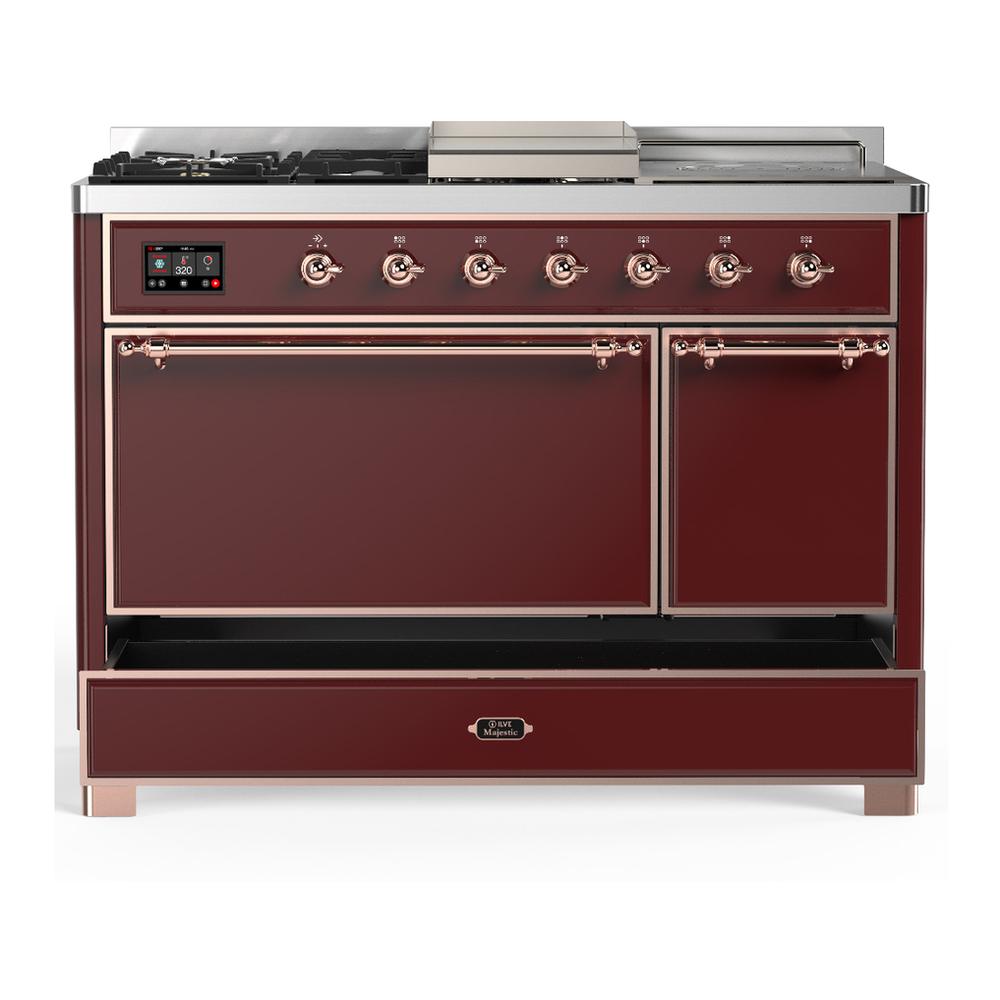 Ilve UM48FSQNR3BUPLP Ilve Um48Fsqnr3Buplp Majestic Iii 48 Inch Dual Fuel Range With 5 Black Brass Burners, Griddle And French Top, Dual Function Burner Up To 25,000 Btu (Liquid Propane, Solid Door, Burgundy, Copper)