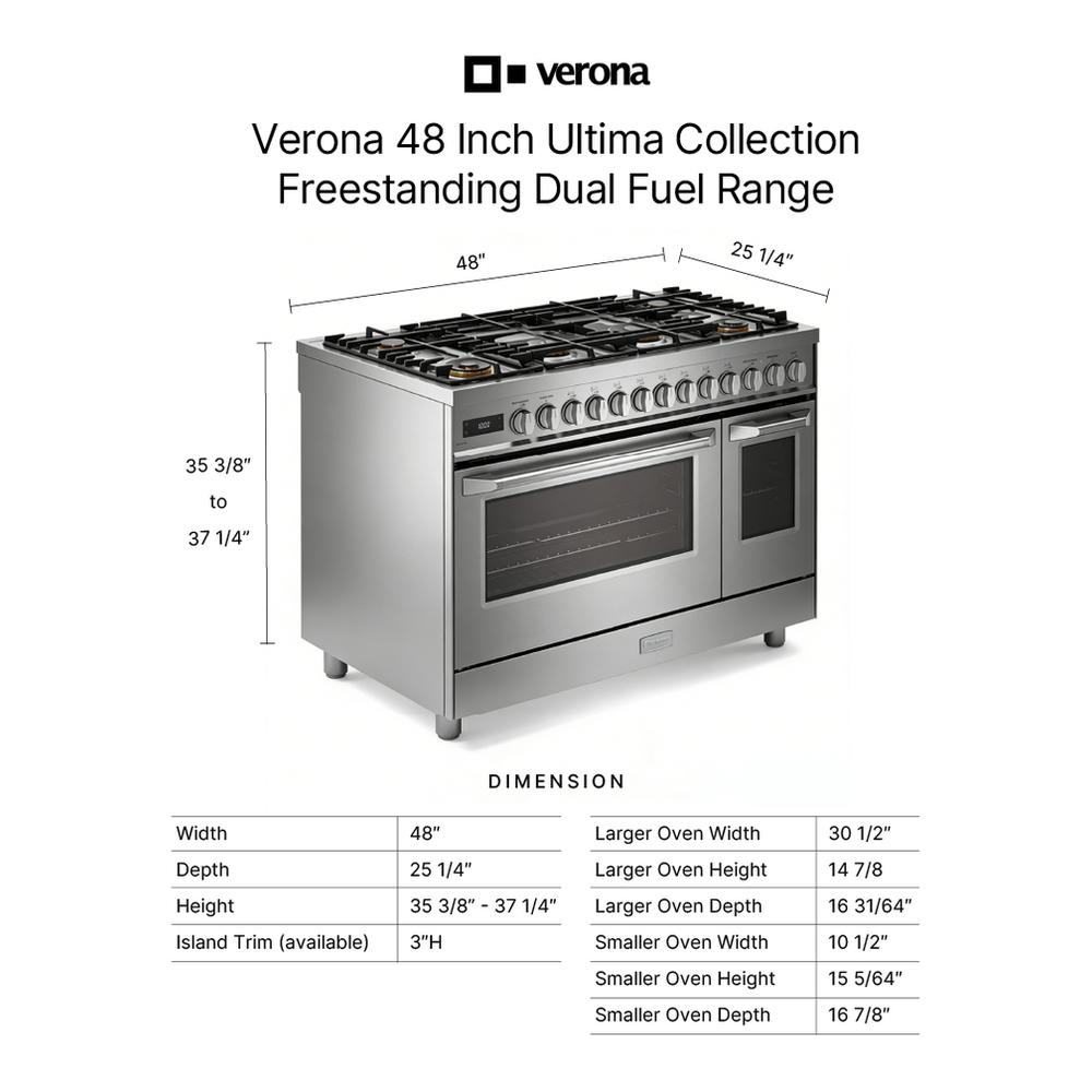 Verona VUFSGE486DSS Verona Vufsge486Dss 48 Inch Ultima Collection Dual Fuel Range With 6 Brass Sealed Burners, 5.8 Cu. Ft. Oven Capacity, Digital Clock In Stainless Steel