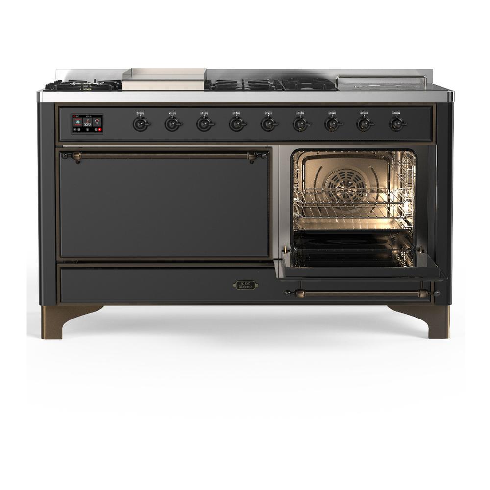 Ilve UM60FSQNR3MGBLP Ilve Um60Fsqnr3Mgblp Majestic Iii 60 Inch Dual Fuel Range With 7 Burners, Griddle And French Top, Dual Function Burner With Up To 25,000 Btu (Liquid Propane, Solid Door, Graphite Matte, Burnished)