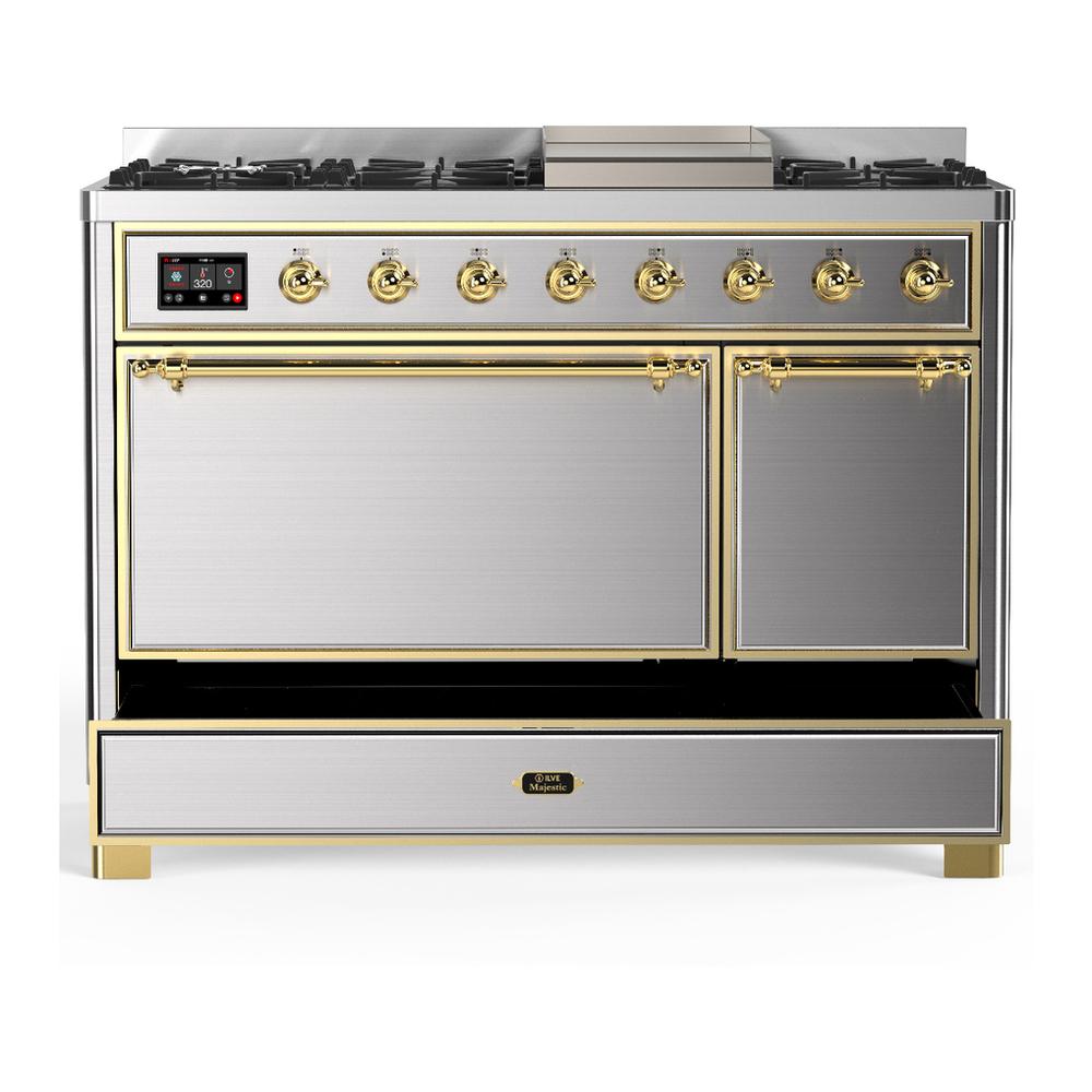 Ilve UM48FQNR3SSGLP Ilve Um48Fqnr3Ssglp Majestic Iii 48 Inch Dual Fuel Range With 8 Burners And Griddle, Dual Function Burner Up To 25,000 Btu (Liquid Propane, Solid Door, Stainless Steel, Brass)