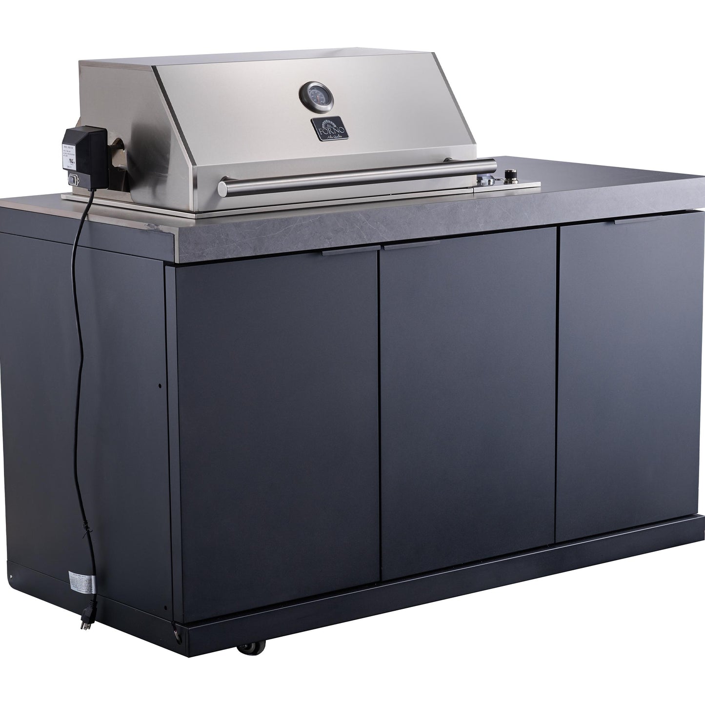 Forno FODKT2544BLK Forno Rimini Outdoor Kitchen 30" Bbq 62,600 Btu, 3 Burners With Sear & Rotisserie, 2.4 Cu.Ft. Beverage Center, Stainless Steel Sink, Black Cabinets & Gray Sintered Stone Countertop