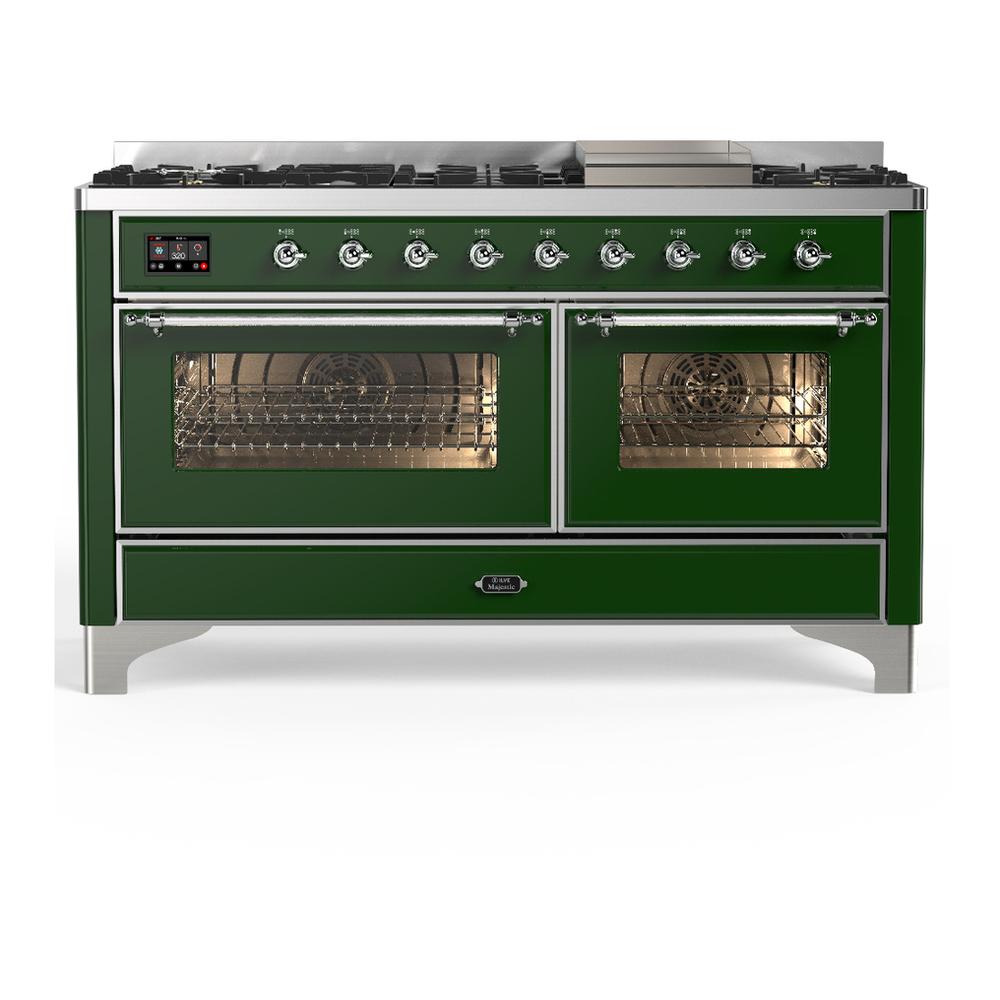 Ilve UM60FNR3EGC Ilve Um60Fnr3Egc Majestic Iii 60 Inch Dual Fuel Range With 9 Burners And Griddle, Dual Function Burner Up To 25,000 Btu (Natural Gas, Triple Glass Door, Emerald Green, Chrome)