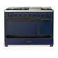 Ilve UM48FQNR3MBBLP Ilve Um48Fqnr3Mbblp Majestic Iii 48 Inch Dual Fuel Range With 8 Burners And Griddle, Dual Function Burner Up To 25,000 Btu (Liquid Propane, Solid Door, Midnight Blue, Burnished)