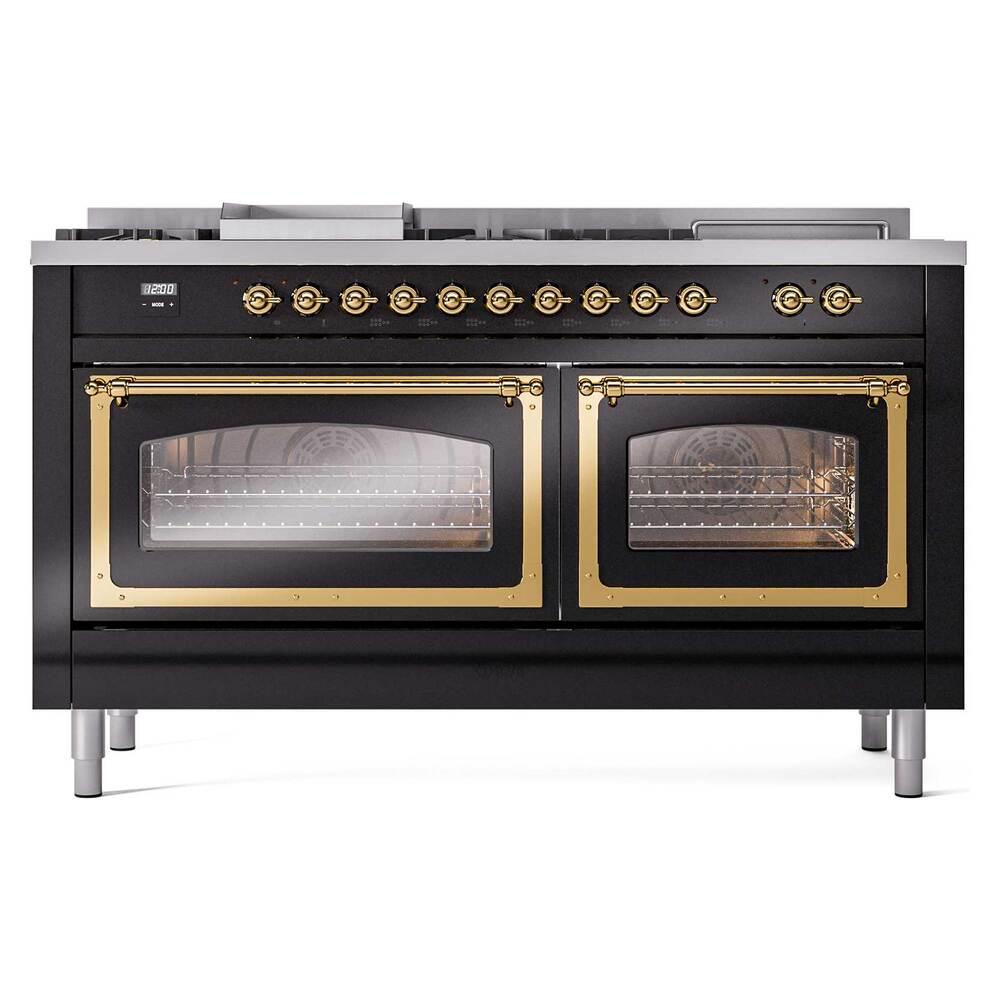 Ilve UN60FSNMPBKGLP Ilve Un60Fsnmpbkglp Nostalgie Ii Noblesse 60" Dual Fuel Range (7 Sealed Burners + Griddle + French Top, Liquid Propane, Triple Glass Door, Glossy Black, Brass)