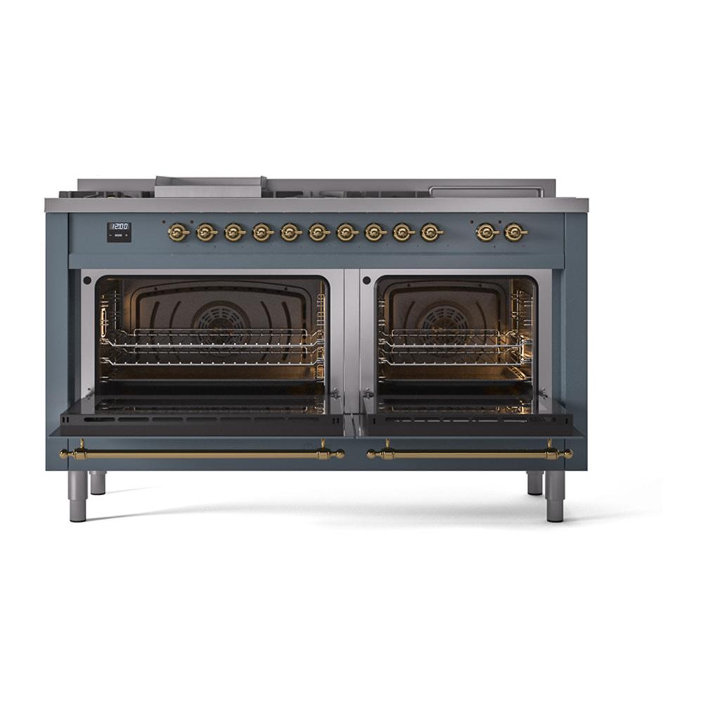 Ilve UN60FSQNMPBGG Ilve Un60Fsqnmpbgg Nostalgie Ii Noblesse 60" Dual Fuel Range (7 Sealed Burners + Griddle + French Top, Natural Gas, Solid Door, Blue Grey, Brass)