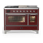 Ilve UM48FSNR3BUCLP Ilve Um48Fsnr3Buclp Majestic Iii 48 Inch Dual Fuel Range With 5 Black Brass Burners, Griddle And French Top, Dual Function Burner Up To 25,000 Btu (Liquid Propane, Triple Glass Door, Burgundy, Chrome)
