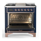 Ilve UM36FQNR3MBP Ilve Um36Fqnr3Mbp Majestic Iii 36 Inch Dual Fuel Range With 6 Black Brass Burners And Griddle, Dual Function Burner Up To 25,000 Btu (Solid Door, Midnight Blue, Copper, Natural Gas)