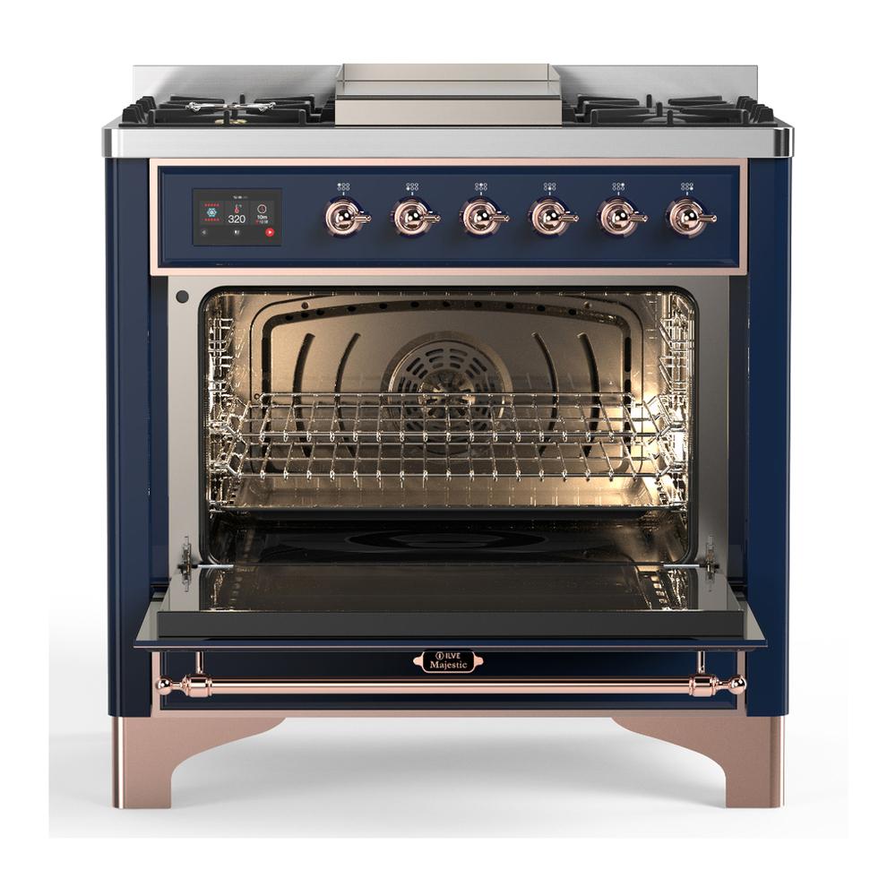 Ilve UM36FQNR3MBP Ilve Um36Fqnr3Mbp Majestic Iii 36 Inch Dual Fuel Range With 6 Black Brass Burners And Griddle, Dual Function Burner Up To 25,000 Btu (Solid Door, Midnight Blue, Copper, Natural Gas)