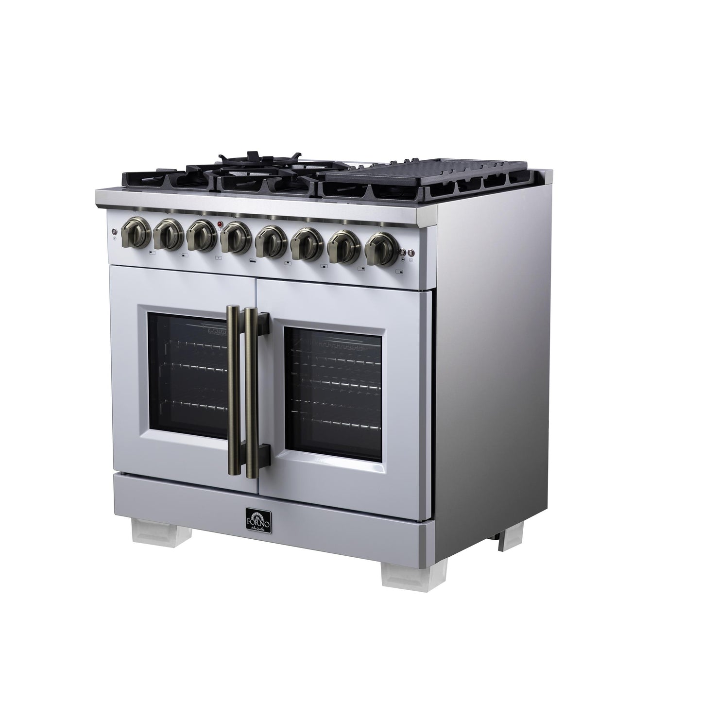 Forno FFSGS638736WHT Forno Capriasca 36 Inch Freestanding French Door Dual Fuel Range In White With Antique Brass Accessories, 6 Burners, True Convection Oven