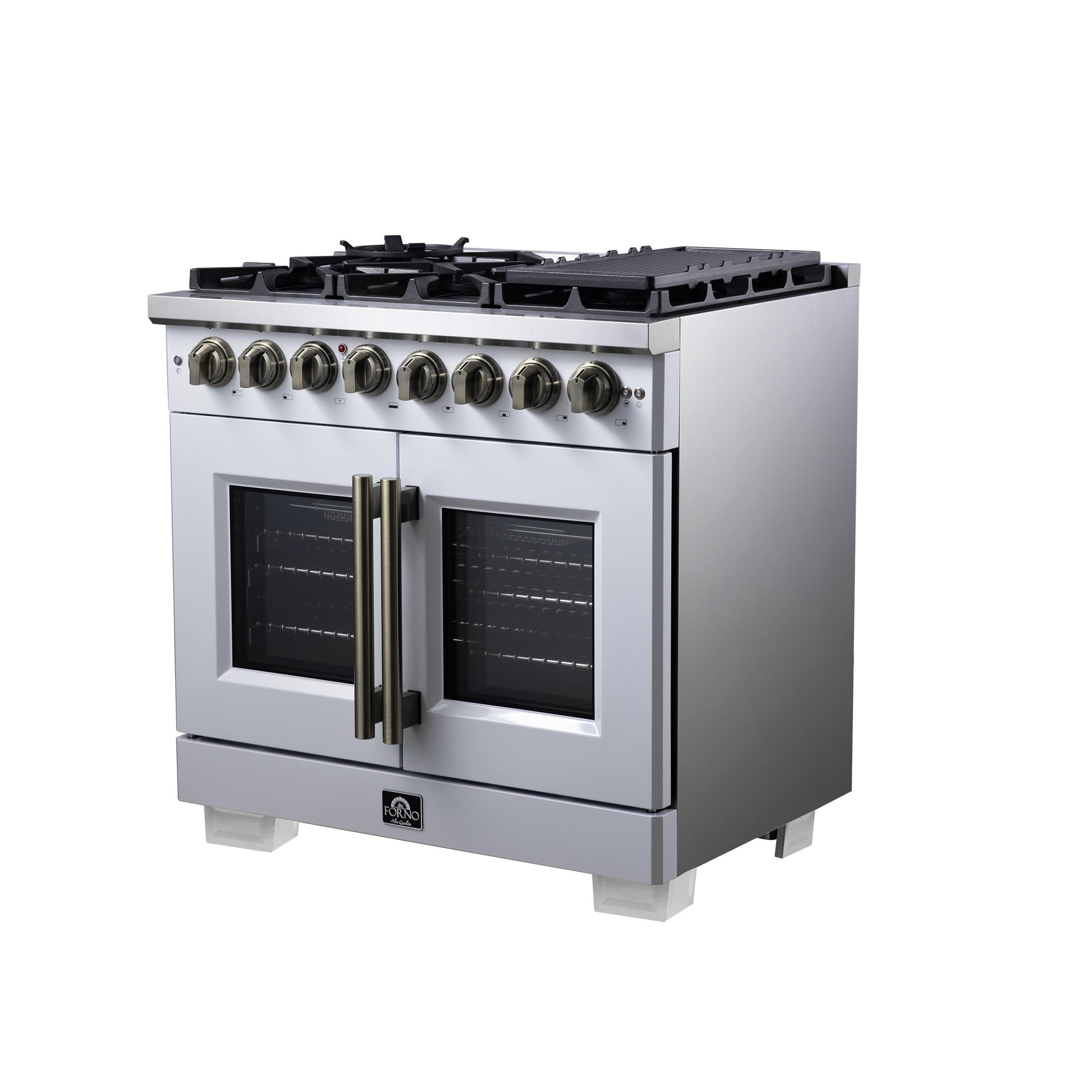 Forno FFSGS638736WHT Forno Capriasca 36 Inch Freestanding French Door Dual Fuel Range In White With Antique Brass Accessories, 6 Burners, True Convection Oven