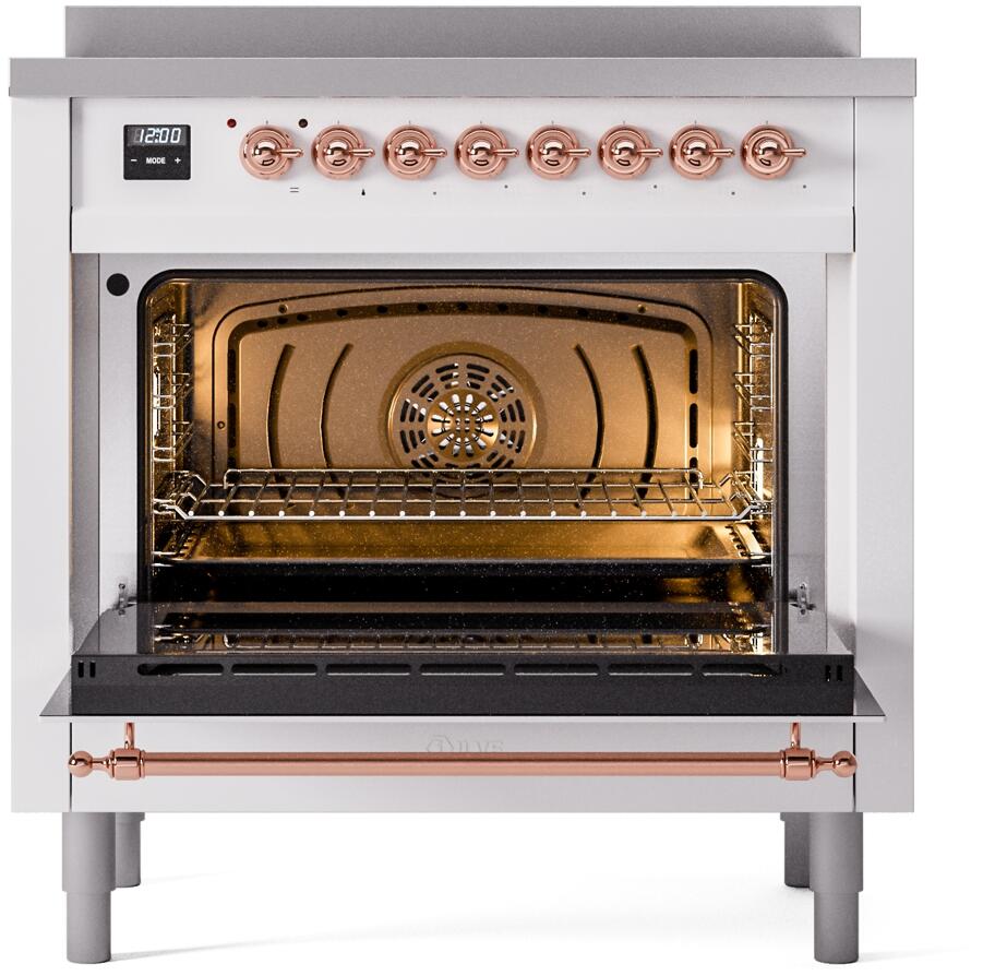 Ilve UPI366NMPWHP Nostalgie Ii 36 Inch Electric Freestanding Range In White With Copper Trim
