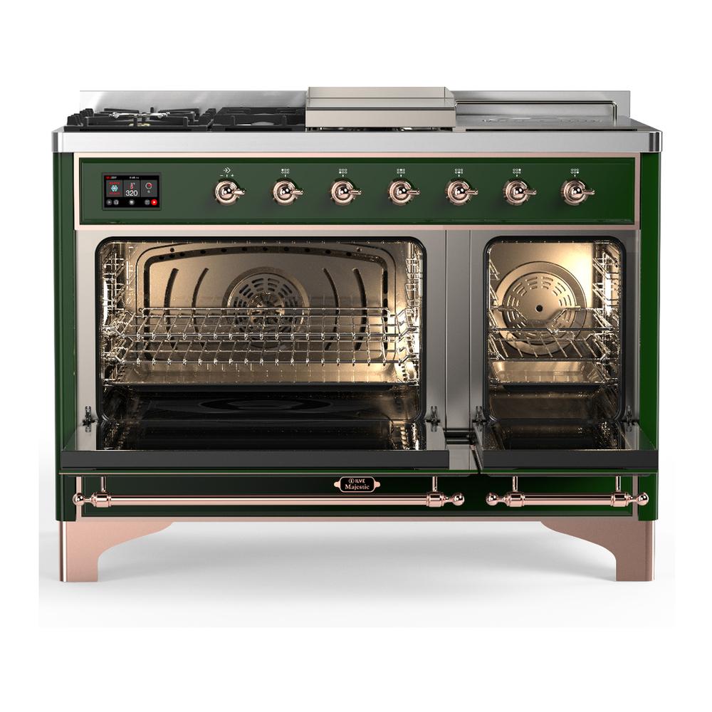 Ilve UM48FSQNR3EGPLP Ilve Um48Fsqnr3Egplp Majestic Iii 48 Inch Dual Fuel Range With 5 Black Brass Burners, Griddle And French Top, Dual Function Burner Up To 25,000 Btu (Liquid Propane, Solid Door, Emerald Green, Copper)