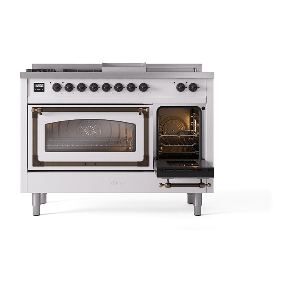 Ilve UN48FSNMPWHB Ilve Un48Fsnmpwhb Nostalgie Ii Noblesse 48" Dual Fuel Range (5 Sealed Burners + Griddle + French Top, Natural Gas, Triple Glass Door, White, Burnished)
