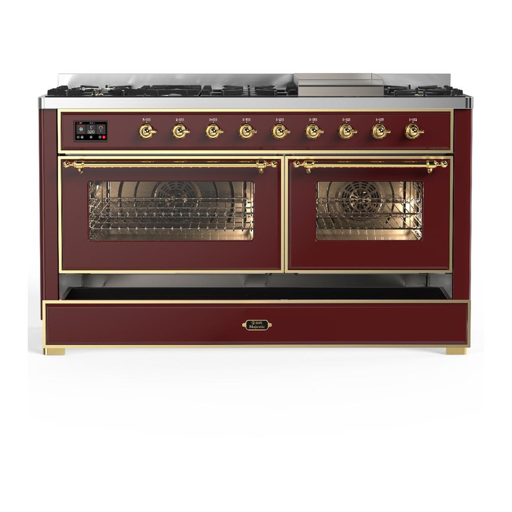 Ilve UM60FNR3BUGLP Ilve Um60Fnr3Buglp Majestic Iii 60 Inch Dual Fuel Range With 9 Burners And Griddle, Dual Function Burner Up To 25,000 Btu (Liquid Propane, Triple Glass Door, Burgundy, Brass)