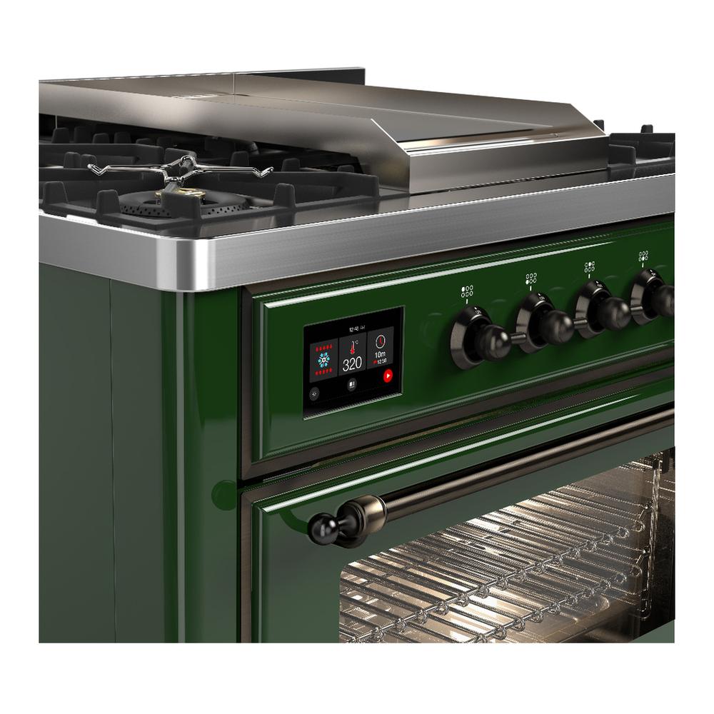 Ilve UM36FNR3EGBLP Ilve Um36Fnr3Egblp Majestic Iii 36 Inch Dual Fuel Range With 6 Black Brass Burners And Griddle, Dual Function Burner Up To 25,000 Btu (Triple Glass Door, Emerald Green, Burnished, Liquid Propane)