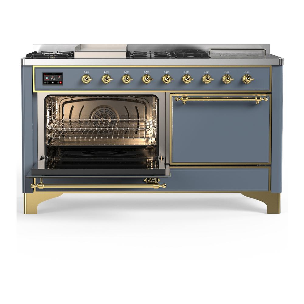 Ilve UM60FSQNR3BGG Ilve Um60Fsqnr3Bgg Majestic Iii 60 Inch Dual Fuel Range With 7 Burners, Griddle And French Top, Dual Function Burner With Up To 25,000 Btu (Natural Gas, Solid Door, Blue Grey, Brass)