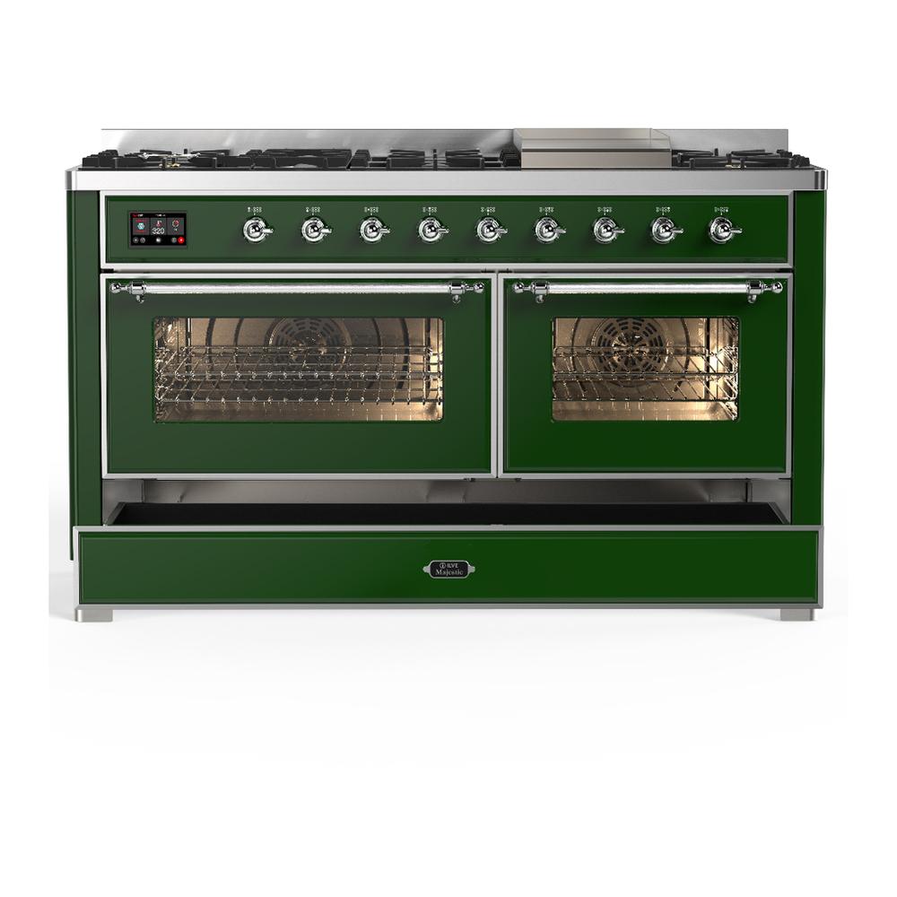 Ilve UM60FNR3EGCLP Ilve Um60Fnr3Egclp Majestic Iii 60 Inch Dual Fuel Range With 9 Burners And Griddle, Dual Function Burner Up To 25,000 Btu (Liquid Propane, Triple Glass Door, Emerald Green, Chrome)