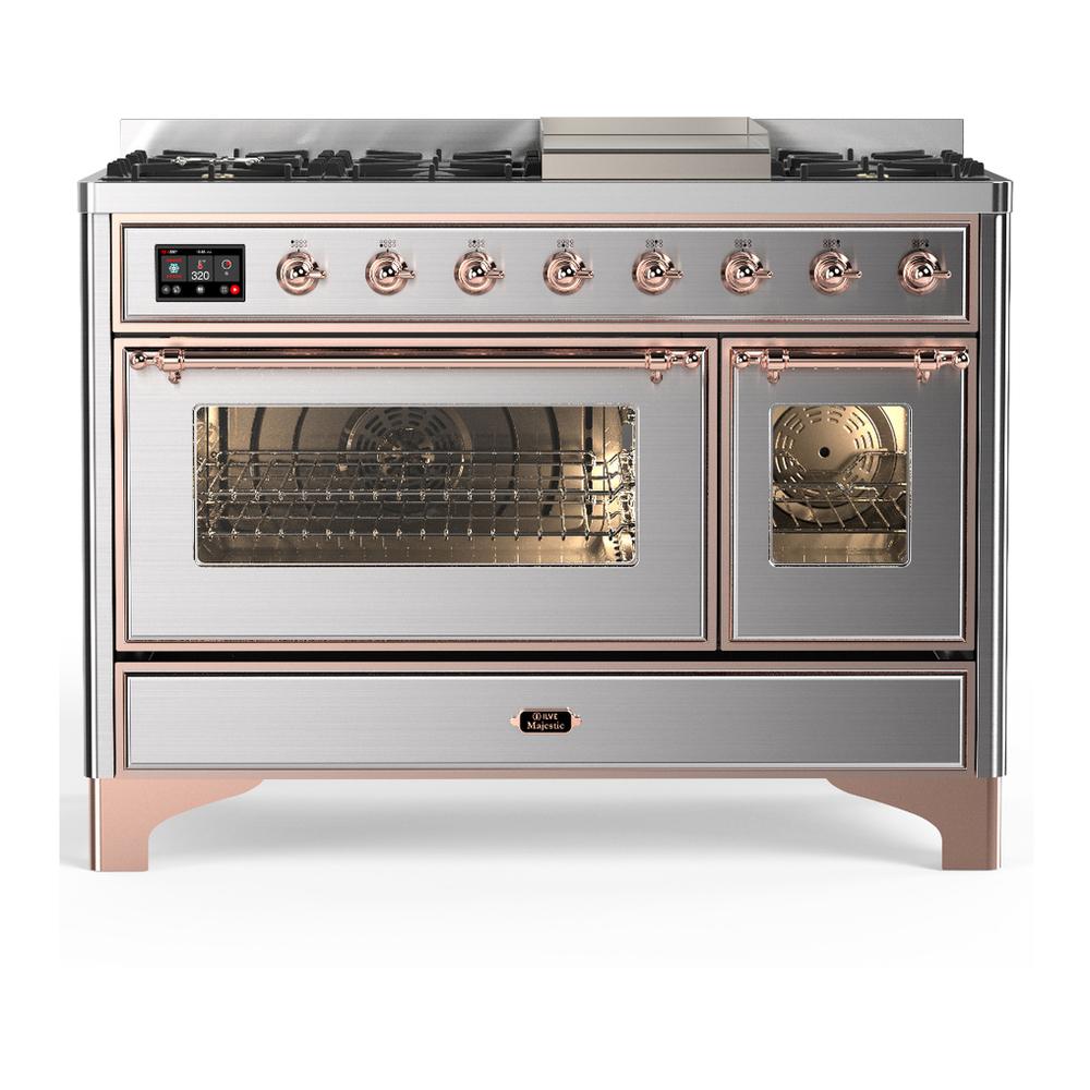 Ilve UM48FNR3SSPLP Ilve Um48Fnr3Ssplp Majestic Iii 48 Inch Dual Fuel Range With 8 Burners And Griddle, Dual Function Burner Up To 25,000 Btu (Liquid Propane, Triple Glass Door, Stainless Steel, Copper)