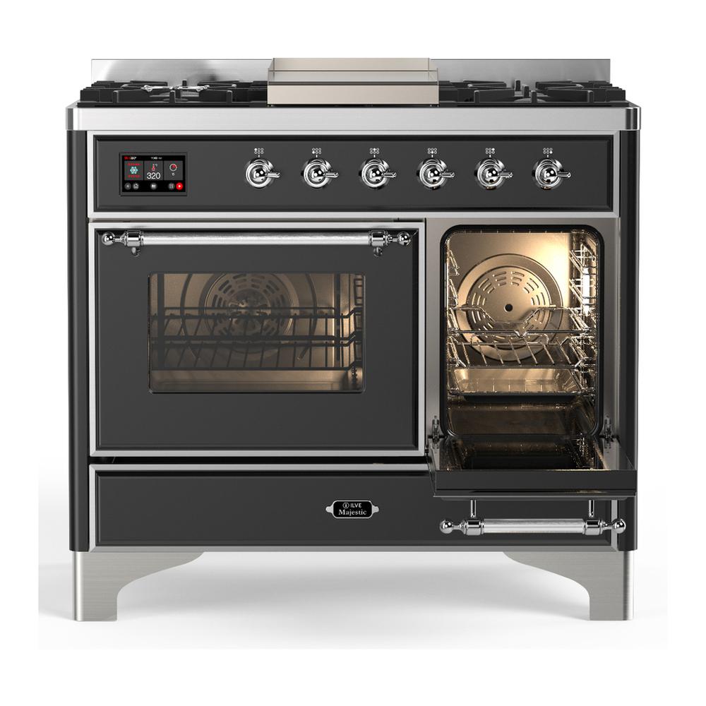Ilve UMD40FNR3MGC Ilve Umd40Fnr3Mgc Majestic Iii 40 Inch Dual Fuel Range With 6 Burners And Griddle, Dual Function Burner Up To 25,000 Btu (Natural Gas, Triple Glass Door, Graphite Matte, Chrome)