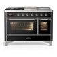 Ilve UM48FSNR3BKC Ilve Um48Fsnr3Bkc Majestic Iii 48 Inch Dual Fuel Range With 5 Black Brass Burners, Griddle And French Top, Dual Function Burner Up To 25,000 Btu (Natural Gas, Triple Glass Door, Glossy Black, Chrome)