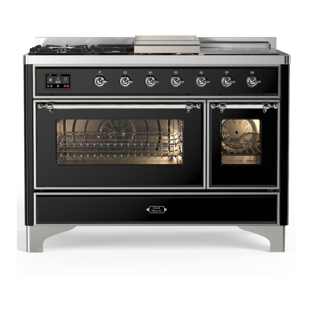 Ilve UM48FSNR3BKC Ilve Um48Fsnr3Bkc Majestic Iii 48 Inch Dual Fuel Range With 5 Black Brass Burners, Griddle And French Top, Dual Function Burner Up To 25,000 Btu (Natural Gas, Triple Glass Door, Glossy Black, Chrome)