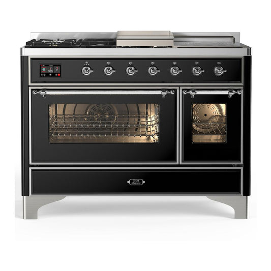 Ilve UM48FSNR3BKC Ilve Um48Fsnr3Bkc Majestic Iii 48 Inch Dual Fuel Range With 5 Black Brass Burners, Griddle And French Top, Dual Function Burner Up To 25,000 Btu (Natural Gas, Triple Glass Door, Glossy Black, Chrome)