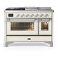Ilve UM48FSNR3AWCLP Ilve Um48Fsnr3Awclp Majestic Iii 48 Inch Dual Fuel Range With 5 Black Brass Burners, Griddle And French Top, Dual Function Burner Up To 25,000 Btu (Liquid Propane, Triple Glass Door, Antique White, Chrome)