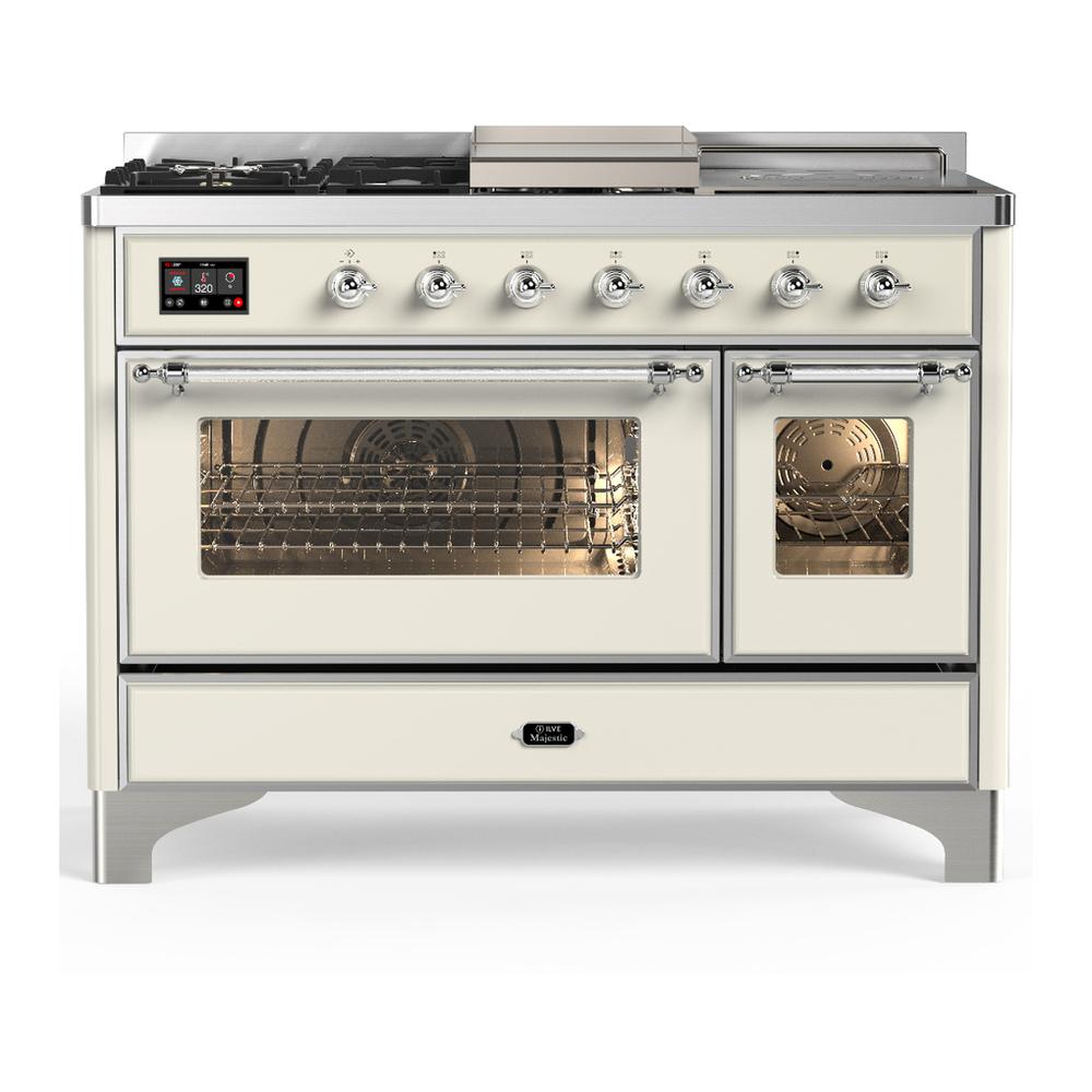 Ilve UM48FSNR3AWCLP Ilve Um48Fsnr3Awclp Majestic Iii 48 Inch Dual Fuel Range With 5 Black Brass Burners, Griddle And French Top, Dual Function Burner Up To 25,000 Btu (Liquid Propane, Triple Glass Door, Antique White, Chrome)