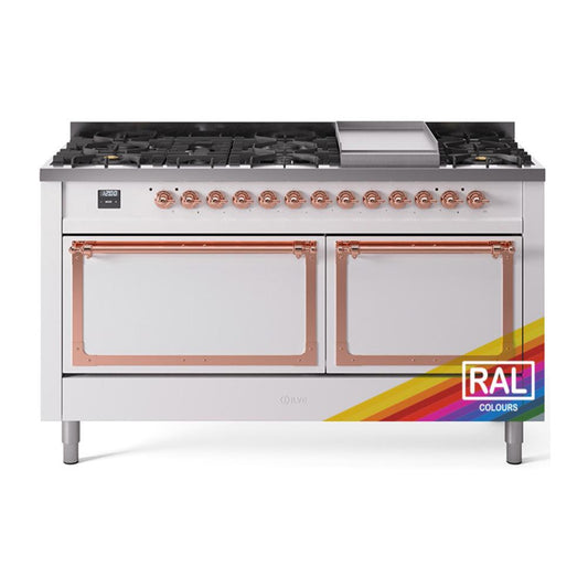 Ilve UN60FQNMPRAPLP Ilve Un60Fqnmpraplp Nostalgie Ii Noblesse 60" Dual Fuel Range (9 Sealed Burners + Griddle, Liquid Propane, Solid Door, Ral, Copper)