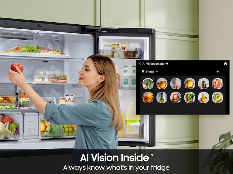 Samsung RF90F23BECR Bespoke 23 Cu. Ft. Counter Depth 4-Door French Door Refrigerator With Ai Home & Ai Vision Inside™ In Charcoal Glass And Stainless Steel