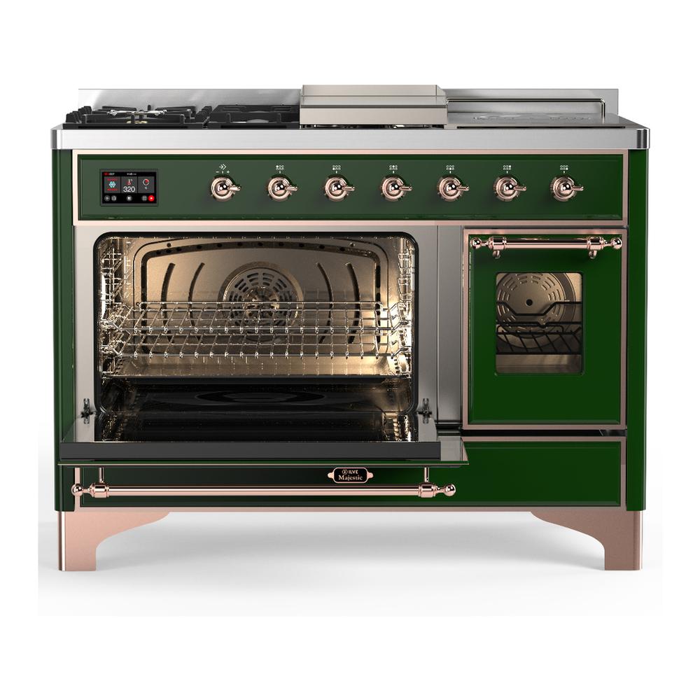 Ilve UM48FSNR3EGP Ilve Um48Fsnr3Egp Majestic Iii 48 Inch Dual Fuel Range With 5 Black Brass Burners, Griddle And French Top, Dual Function Burner Up To 25,000 Btu (Natural Gas, Triple Glass Door, Emerald Green, Copper)