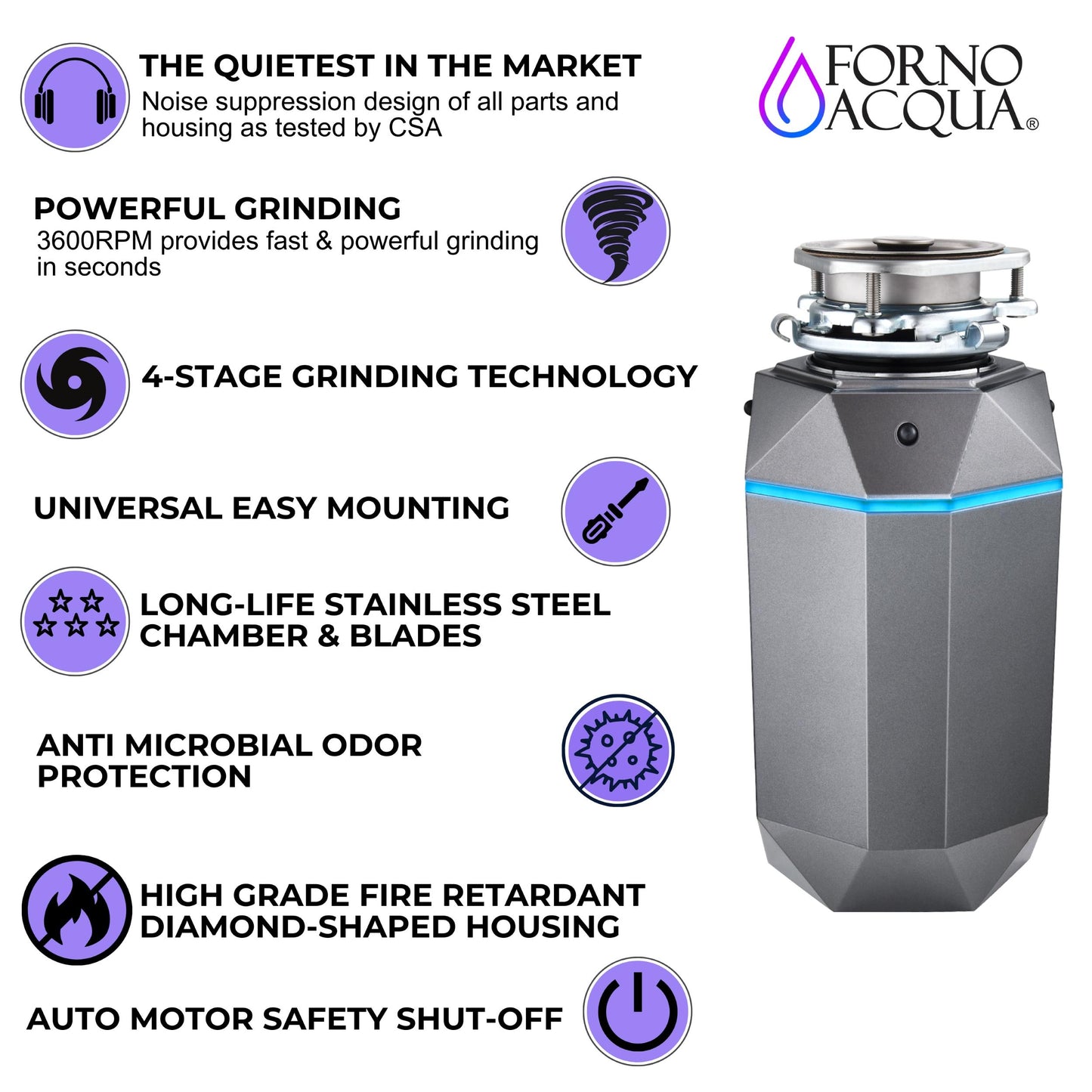 Forno WDD100TA1BO Forno Acqua Brightdiamond Black Onyx 1Hp Super Quiet Garbage Disposal Corded With Motion Sensor Cabinet Light & Pre-Wired Air Switch