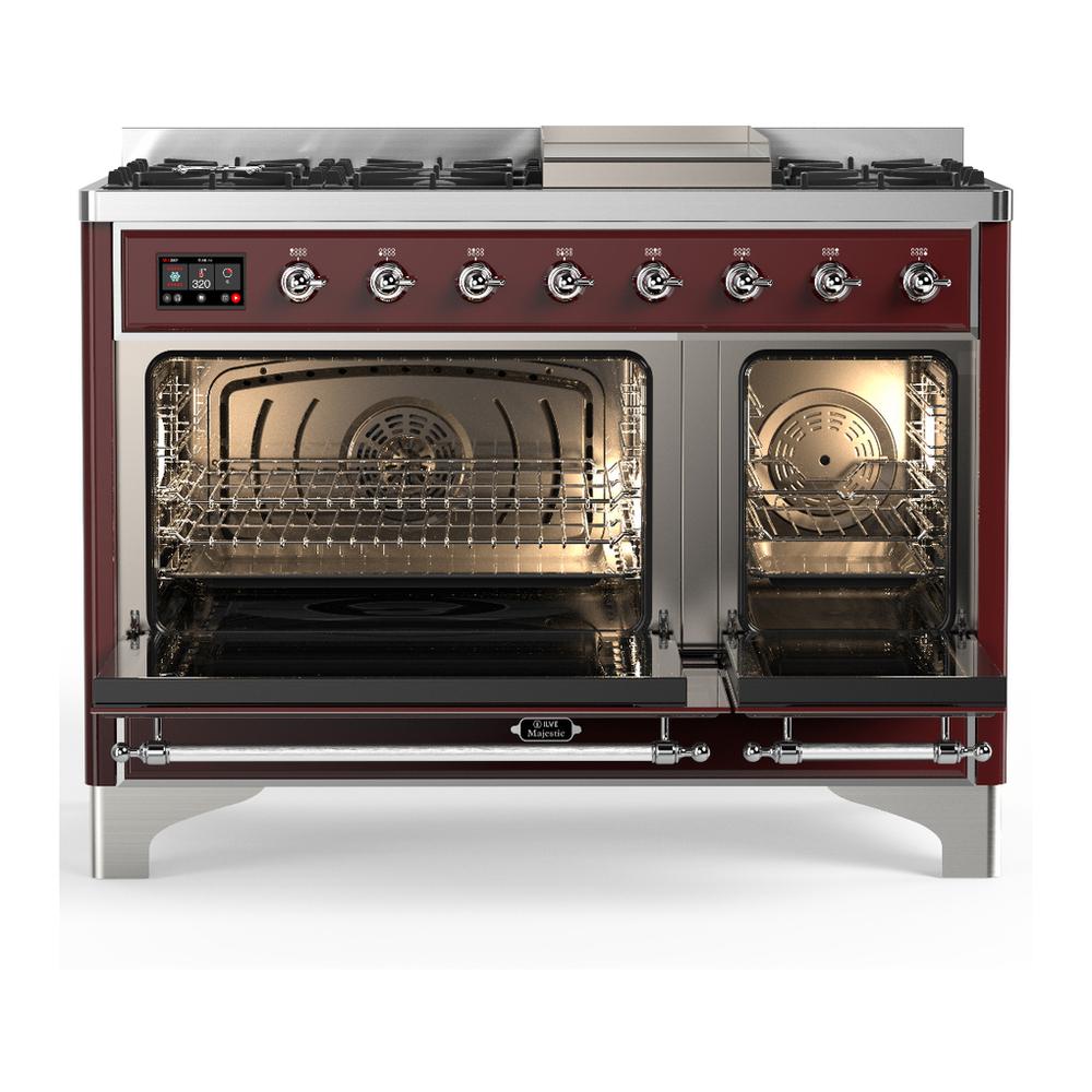 Ilve UM48FQNR3BUCLP Ilve Um48Fqnr3Buclp Majestic Iii 48 Inch Dual Fuel Range With 8 Burners And Griddle, Dual Function Burner Up To 25,000 Btu (Liquid Propane, Solid Door, Burgundy, Chrome)