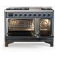 Ilve UM48FQNR3BGB Ilve Um48Fqnr3Bgb Majestic Iii 48 Inch Dual Fuel Range With 8 Burners And Griddle, Dual Function Burner Up To 25,000 Btu (Natural Gas, Solid Door, Blue Grey, Burnished)